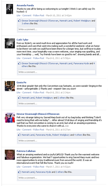 Facebook posts reflecting on the first Ireland Sacred Harp Convention. Accessed March 1, 2012.