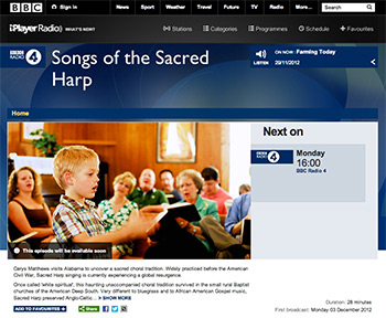 "Songs of the Sacred Harp" will air on BBC Radio 4 Monday, December 3, at 4 pm GMT (11 am EST).