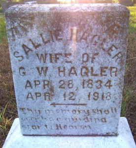 Grave of Sarah "Sallie" Lancaster Hagler, Oakwood Cemetery, Oakwood, Texas. Photograph by Ed and Sue Anderson, July 16, 2009.