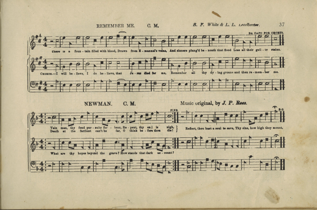 "Remember Me" and "Newman," page 37 of The Sacred Harp, "Fifth Edition, Much Improved and Greatly Enlarged," 1909.