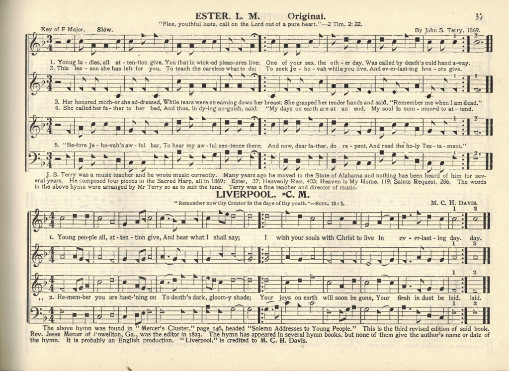 "Ester" and "Liverpool," page 37 in Original Sacred Harp: Denson Revision, 1936.