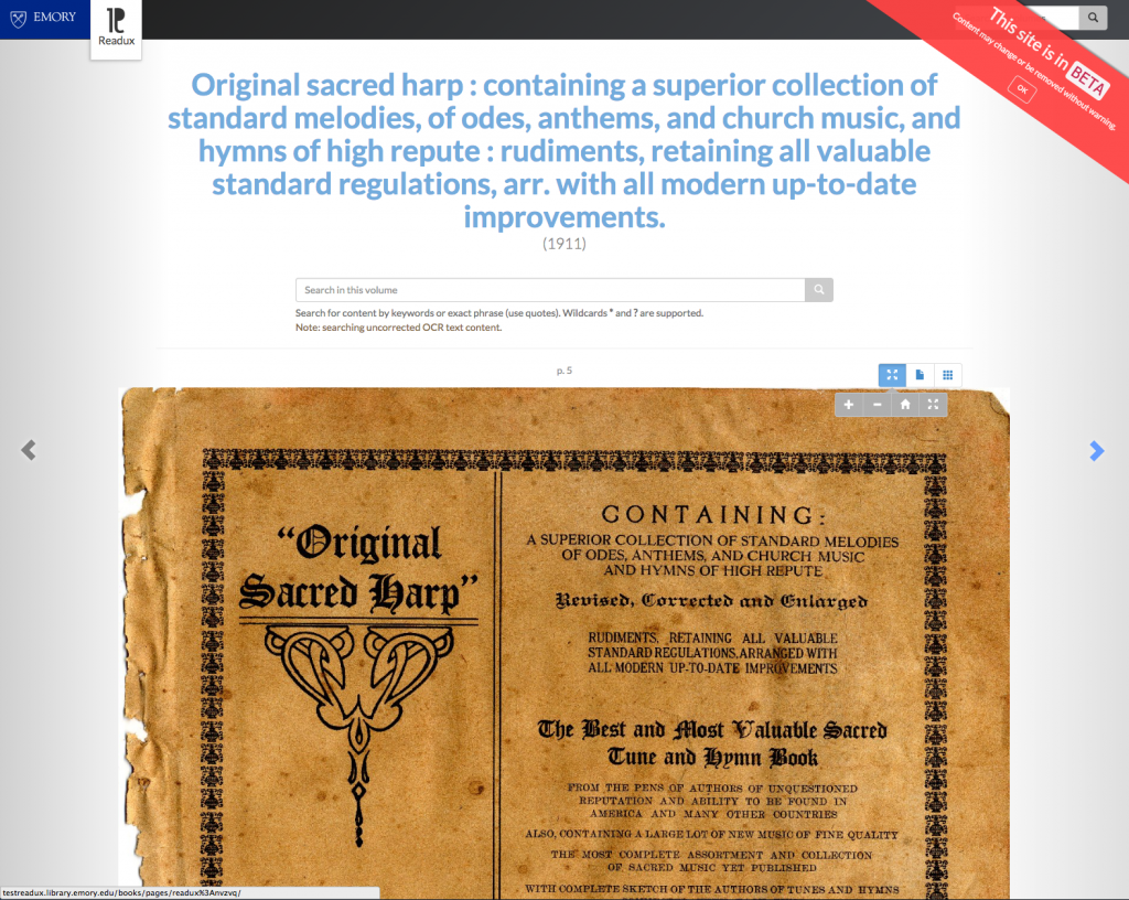 Viewing the title page of Original Sacred Harp in Readux BETA.