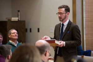 Speaking about the history and design of Original Sacred Harp at the joint session of the Society for Christian Scholarship in Music and the Emory singing. Photograph by Mark Karlsberg.