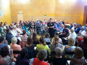 Cath Tyler leads at a Sacred Harp singing in Utrecth, The Netherlands, August 30, 2015. Photograph by Jesse P. Karlsberg.